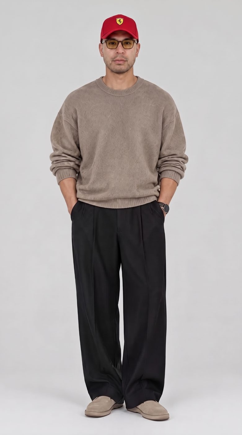 Alan's avatar: taupe sweater, black wide-leg trousers, red cap and amber glasses